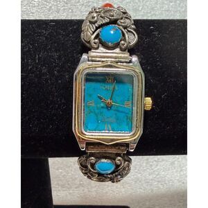 STC Sterling Navajo Turquoise Coral Blue Quartz Watch Made in the USA Working